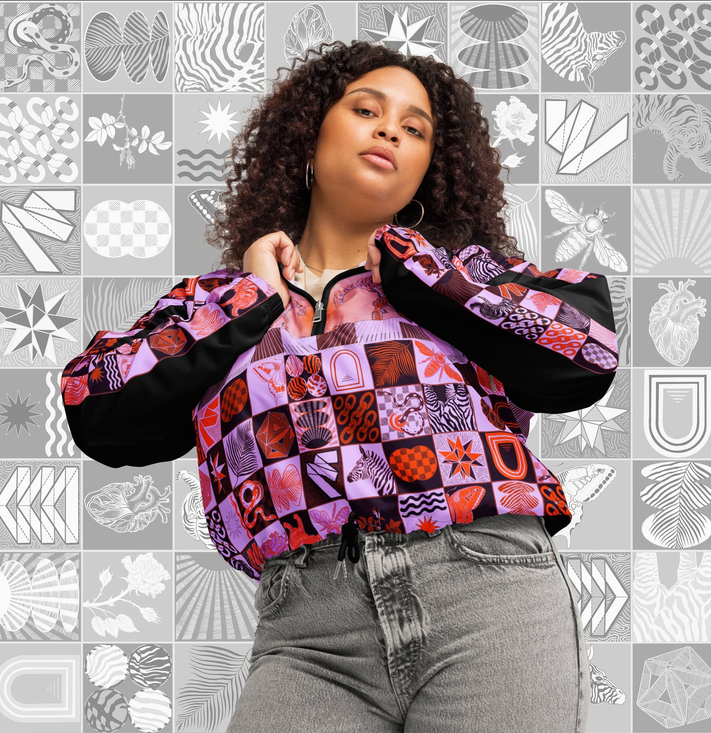 Tiger Chessboard Print Femme Cropped Windbreaker