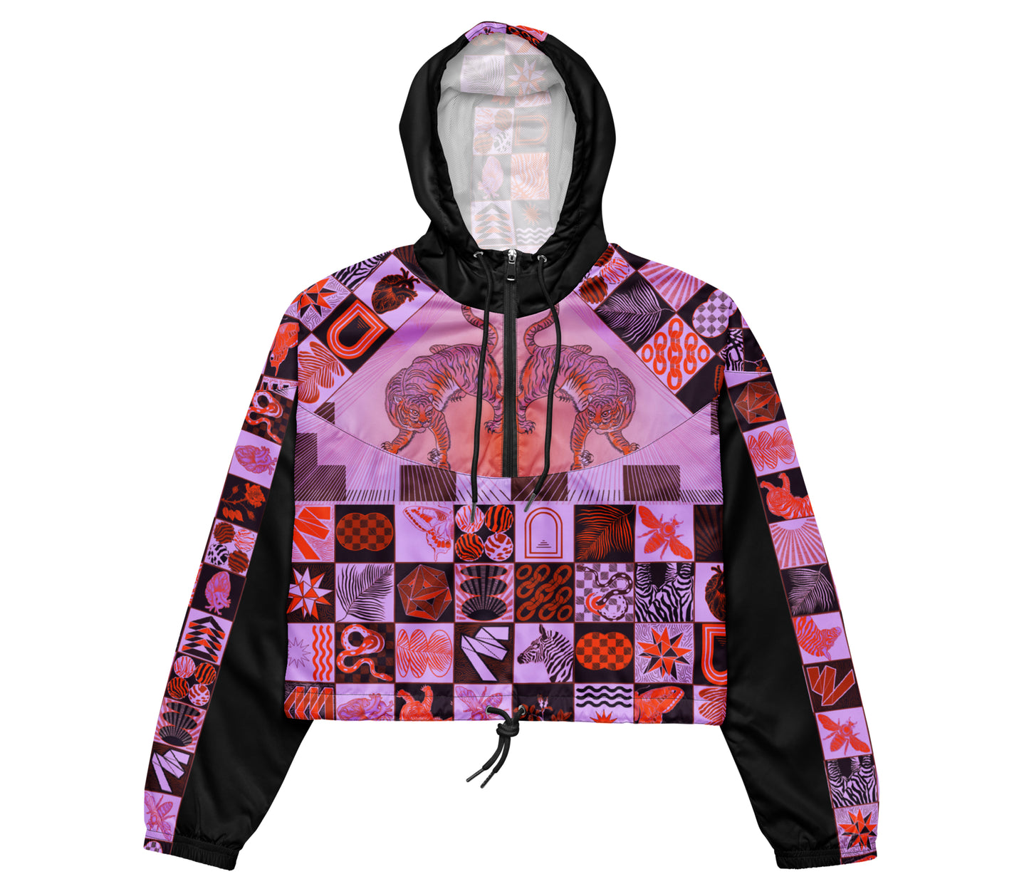 Tiger Chessboard Print Femme Cropped Windbreaker