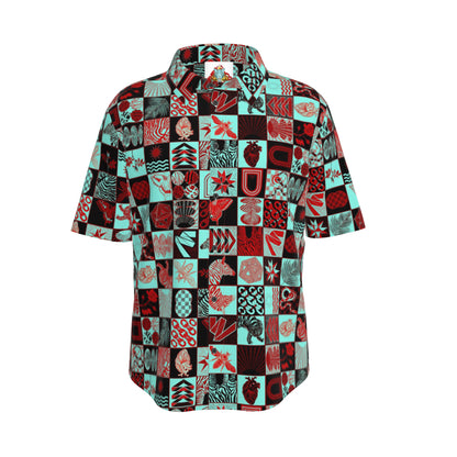 Chessboard Print Silk Button Down Shirt