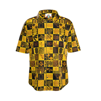 Chessboard Print Silk Button Down Shirt