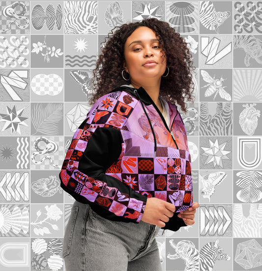 Tiger Chessboard Print Femme Cropped Windbreaker